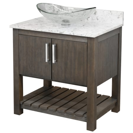 Miseno 30" Free Standing Single Basin Vanity Set with Cabinet, Oval Glass Vessel Sink and Quartz Vanity Top Cafe Mocha / Cafe Mocha Top / Brushed Nickel Hardware