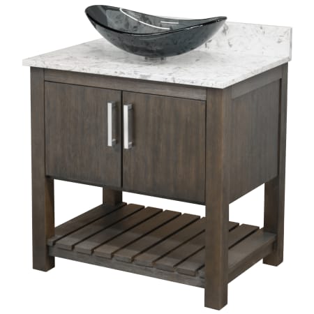 Miseno 30" Free Standing Single Basin Vanity Set with Cabinet, Oval Glass Vessel Sink and Quartz Vanity Top Cafe Mocha / Cafe Mocha Top / Brushed Nickel Hardware