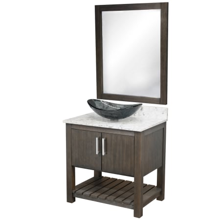 Miseno 30" Free Standing Single Basin Vanity Set with Cabinet, Quartz Vanity Top, Oval Glass Vessel Sink and Mirror Cafe Mocha / Cafe Mocha Top / Brushed Nickel Hardware