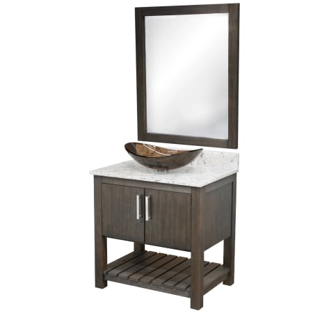 Miseno 30" Free Standing Single Basin Vanity Set with Cabinet, Quartz Vanity Top, Oval Glass Vessel Sink and Mirror Cafe Mocha / Cafe Mocha Top / Brushed Nickel Hardware