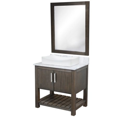 Miseno 30" Free Standing Single Basin Vanity Set with Cabinet, Marble Vanity Top, Porcelain Vessel Sink and Mirror Cafe Mocha / Carrara White Top / Brushed Nickel Hardware