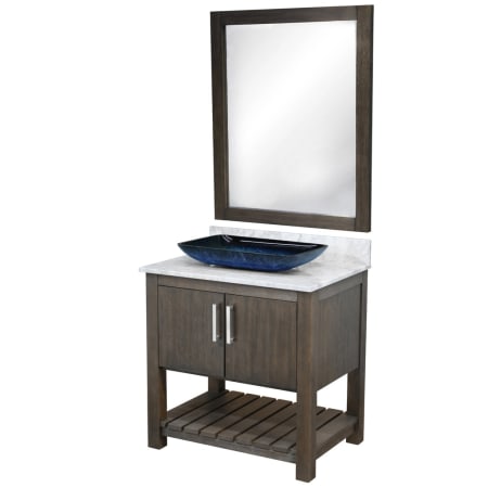 Miseno 30" Free Standing Single Basin Vanity Set with Cabinet, Marble Vanity Top, Rectangular Glass Vessel Sink and Mirror Cafe Mocha / Carrara White Top / Brushed Nickel Hardware