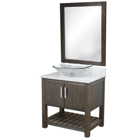 Miseno 30" Free Standing Single Basin Vanity Set with Cabinet, Marble Vanity Top, Rectangular Glass Vessel Sink and Mirror Cafe Mocha / Carrara White Top / Brushed Nickel Hardware