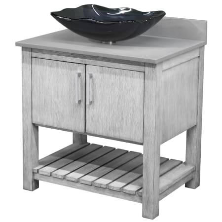 Miseno 30" Free Standing Single Basin Vanity Set with Cabinet, Rectangular Glass Vessel Sink and Grey Quartz Vanity Top Stonewash Grey / Storm Grey Top / Brushed Nickel Hardware