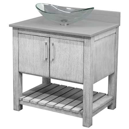 Miseno 30" Free Standing Single Basin Vanity Set with Cabinet, Oval Glass Vessel Sink and Grey Quartz Vanity Top Stonewash Grey / Storm Grey Top / Brushed Nickel Hardware