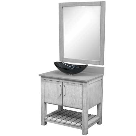 Miseno 30" Free Standing Single Basin Vanity Set with Cabinet, Grey Quartz Vanity Top, Oval Glass Vessel Sink and Mirror Stonewash Grey / Storm Grey Top / Brushed Nickel Hardware