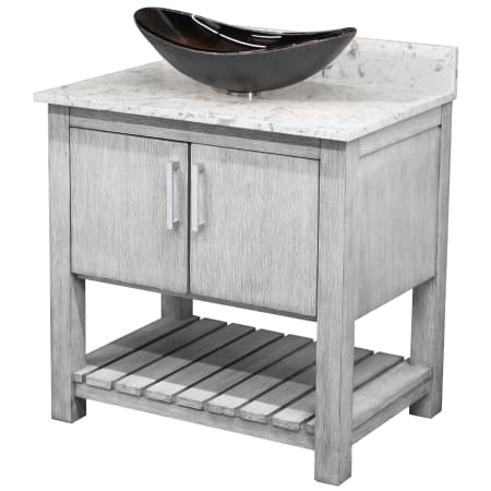Miseno 30" Free Standing Single Basin Vanity Set with Cabinet, Oval Glass Vessel Sink and Quartz Vanity Top Stonewash Grey / Cafe Mocha Top / Brushed Nickel Hardware