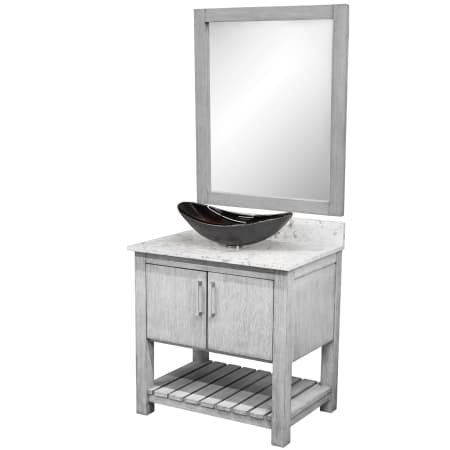 Miseno 30" Free Standing Single Basin Vanity Set with Cabinet, Quartz Vanity Top, Oval Glass Vessel Sink and Mirror Stonewash Grey / Cafe Mocha Top / Brushed Nickel Hardware