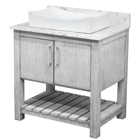 Miseno 30" Free Standing Single Basin Vanity Set with Cabinet, Porcelain Vessel Sink and Quartz Vanity Top Stonewash Grey / Cafe Mocha Top / Brushed Nickel Hardware