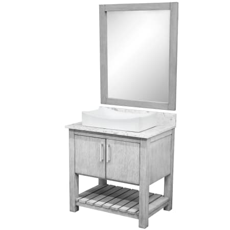 Miseno 30" Free Standing Single Basin Vanity Set with Cabinet, Quartz Vanity Top, Porcelain Vessel Sink and Mirror Stonewash Grey / Cafe Mocha Top / Brushed Nickel Hardware