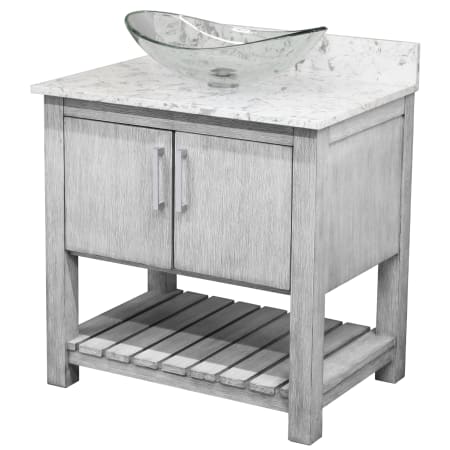 Miseno 30" Free Standing Single Basin Vanity Set with Cabinet, Oval Glass Vessel Sink and Quartz Vanity Top Stonewash Grey / Cafe Mocha Top / Brushed Nickel Hardware