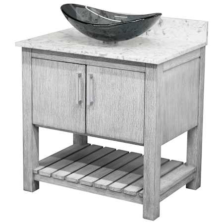 Miseno 30" Free Standing Single Basin Vanity Set with Cabinet, Oval Glass Vessel Sink and Quartz Vanity Top Stonewash Grey / Cafe Mocha Top / Brushed Nickel Hardware