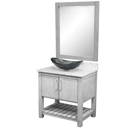 Miseno 30" Free Standing Single Basin Vanity Set with Cabinet, Quartz Vanity Top, Oval Glass Vessel Sink and Mirror Stonewash Grey / Cafe Mocha Top / Brushed Nickel Hardware