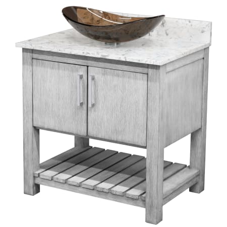 Miseno 30" Free Standing Single Basin Vanity Set with Cabinet, Oval Glass Vessel Sink and Quartz Vanity Top Stonewash Grey / Cafe Mocha Top / Brushed Nickel Hardware