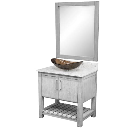 Miseno 30" Free Standing Single Basin Vanity Set with Cabinet, Quartz Vanity Top, Oval Glass Vessel Sink and Mirror Stonewash Grey / Cafe Mocha Top / Brushed Nickel Hardware