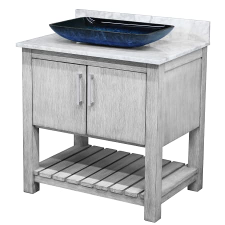 Miseno 30" Free Standing Single Basin Vanity Set with Cabinet, Rectangular Glass Vessel Sink and Marble Vanity Top Stonewash Grey / Carrara White Top / Brushed Nickel Hardware