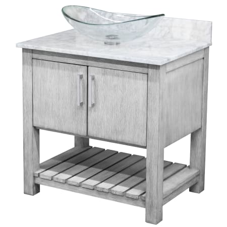 Miseno 30" Free Standing Single Basin Vanity Set with Cabinet, Oval Glass Vessel Sink and Marble Vanity Top Stonewash Grey / Carrara White Top / Brushed Nickel Hardware