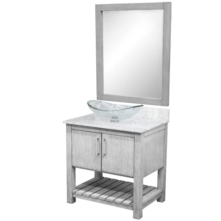 Miseno 30" Free Standing Single Basin Vanity Set with Cabinet, Marble Vanity Top, Oval Glass Vessel Sink and Mirror Stonewash Grey / Carrara White Top / Brushed Nickel Hardware