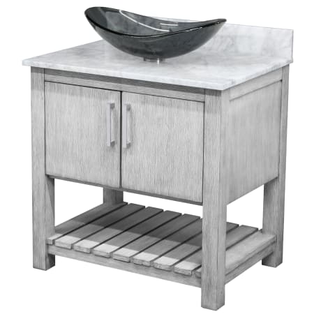 Miseno 30" Free Standing Single Basin Vanity Set with Cabinet, Oval Glass Vessel Sink and Marble Vanity Top Stonewash Grey / Carrara White Top / Brushed Nickel Hardware