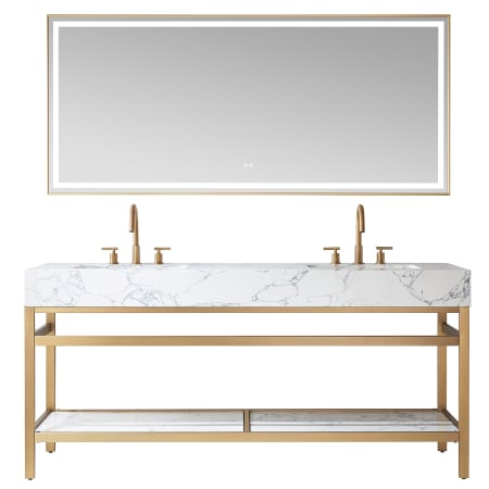 Miseno Ecija 72" Free Standing Double Basin Vanity Set with Cabinet, Stone Composite Vanity Top, and Framed Mirror Brushed Gold / Pandora White