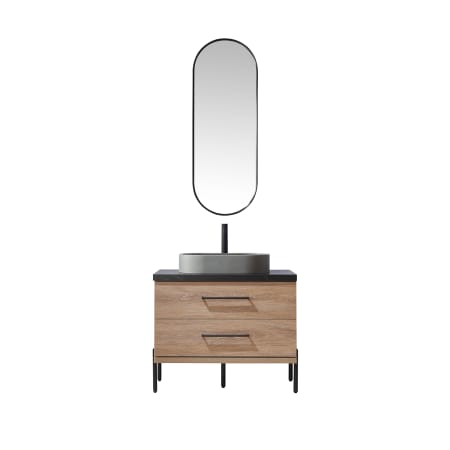 Miseno Trento 36" Free Standing Single Basin Vanity Set with Cabinet, Sintered Stone Vanity Top, and Framed Mirror North American Oak / Black