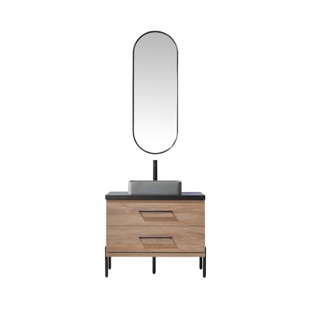 Miseno Trento 36" Free Standing Single Basin Vanity Set with Cabinet, Sintered Stone Vanity Top, and Framed Mirror North American Oak / Black