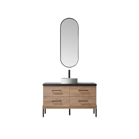 Miseno Trento 48" Free Standing Single Basin Vanity Set with Cabinet, Sintered Stone Vanity Top, and Framed Mirror North American Oak / Black