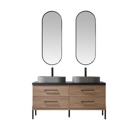 Miseno Trento 60" Free Standing Double Basin Vanity Set with Cabinet, Sintered Stone Vanity Top, and Framed Mirrors North American Oak / Black