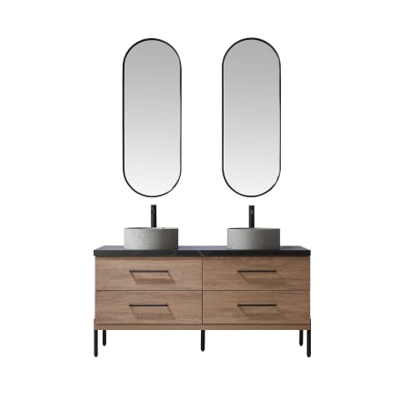 Miseno Trento 60" Free Standing Double Basin Vanity Set with Cabinet, Sintered Stone Vanity Top, and Framed Mirrors North American Oak / Black
