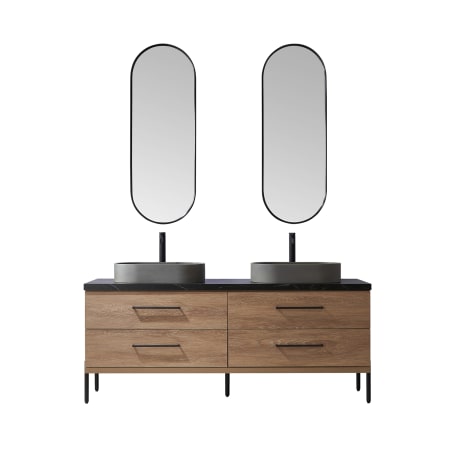 Miseno Trento 72" Free Standing Double Basin Vanity Set with Cabinet, Sintered Stone Vanity Top, and Framed Mirrors North American Oak / Black