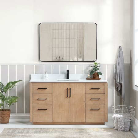 Miseno San 60" Free Standing Single Basin Vanity Set with Cabinet, Composite Stone Vanity Top and Mirror Fir Wood Brown / White Grain