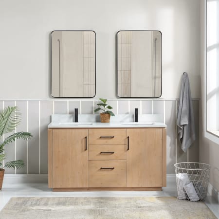 Miseno San 60" Free Standing Double Basin Vanity Set with Cabinet, Composite Stone Vanity Top and Mirror Fir Wood Brown / White Grain