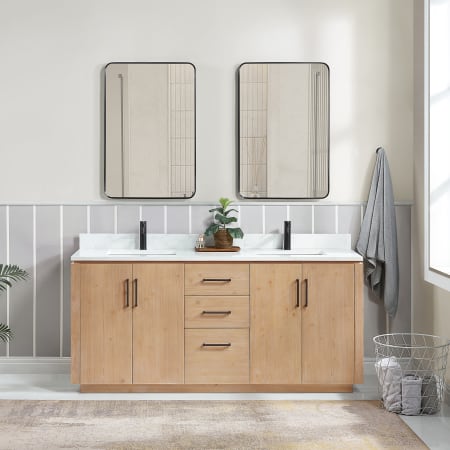 Miseno San 72" Free Standing Double Basin Vanity Set with Cabinet, Composite Stone Vanity Top and Mirror Fir Wood Brown / White Grain
