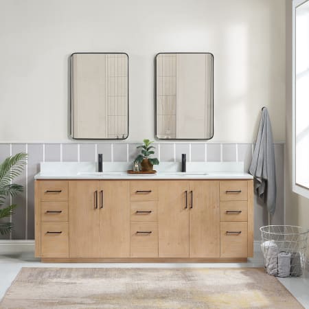 Miseno San 84" Free Standing Double Basin Vanity Set with Cabinet, Composite Stone Vanity Top and Mirror Fir Wood Brown / White Grain
