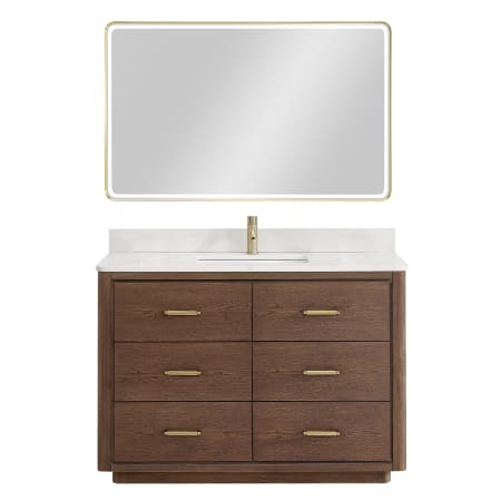 Miseno Porto 48" Free Standing Single Basin Vanity Set with Cabinet, Quartz Vanity Top, and Framed Mirror Aged Dark Brown Oak / Fish Maw White