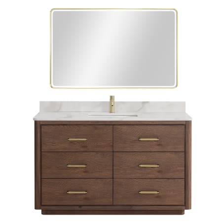 Miseno Porto 54" Free Standing Single Basin Vanity Set with Cabinet, Quartz Vanity Top, and Framed Mirror Aged Dark Brown Oak / Fish Maw White