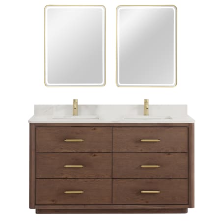 Miseno Porto 60" Free Standing Double Basin Vanity Set with Cabinet, Quartz Vanity Top, and Framed Mirrors Aged Dark Brown Oak / Fish Maw White