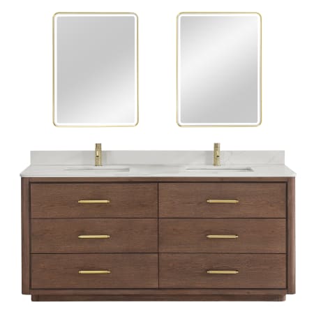Miseno Porto 72" Free Standing Double Basin Vanity Set with Cabinet, Quartz Vanity Top, and Framed Mirrors Aged Dark Brown Oak / Fish Maw White