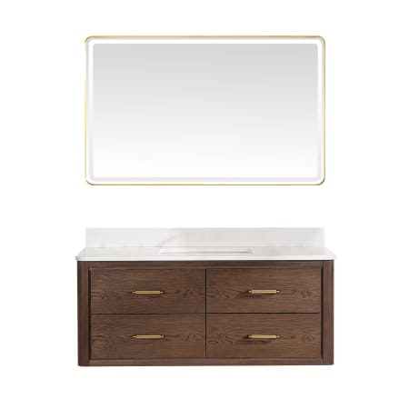 Miseno Cristo 48" Wall Mounted Single Basin Vanity Set with Cabinet, Quartz Vanity Top, and Framed Mirror Aged Dark Brown Oak / Fish Maw White