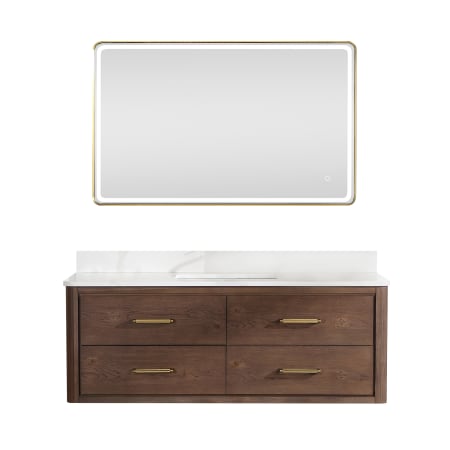 Miseno Cristo 54" Wall Mounted Single Basin Vanity Set with Cabinet, Quartz Vanity Top, and Framed Mirror Aged Dark Brown Oak / Fish Maw White