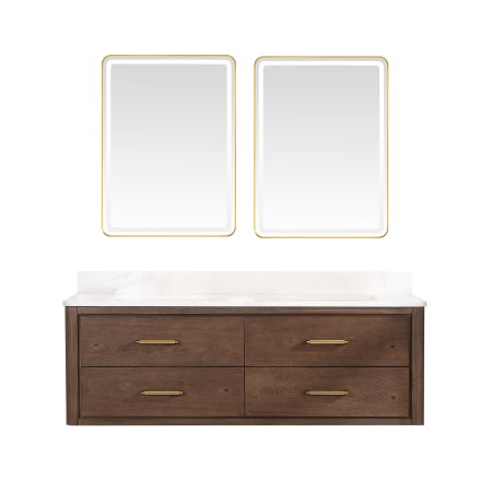 Miseno Cristo 60" Wall Mounted Double Basin Vanity Set with Cabinet, Quartz Vanity Top, and Framed Mirrors Aged Dark Brown Oak / Fish Maw White
