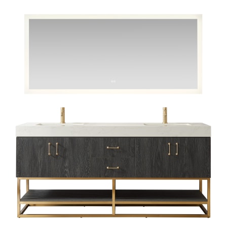 Miseno Alistair 72" Free Standing Double Basin Vanity Set with Cabinet, Composite Stone Vanity Top and Mirror North American Black Oak