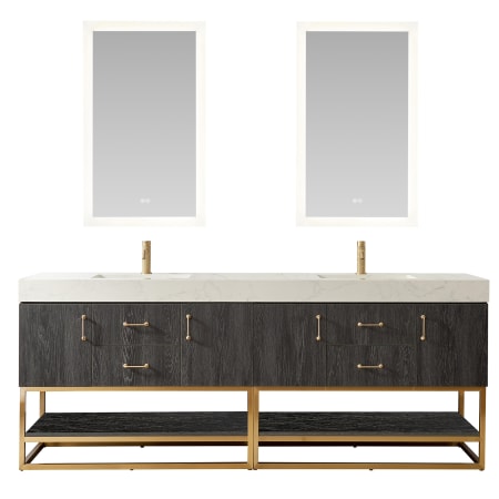 Miseno Alistair 84" Free Standing Double Basin Vanity Set with Cabinet, Composite Stone Vanity Top and Mirror North American Black Oak