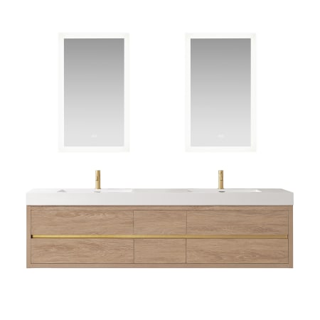 Miseno Palencia 84" Wall Mounted Double Basin Vanity Set with Cabinet, Composite Stone Vanity Top and Mirror North American Oak