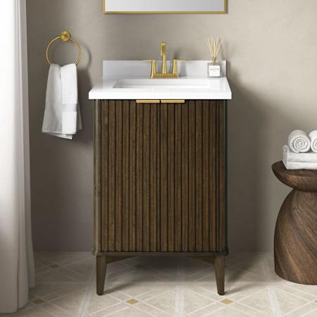 Miseno Indy 24" Free Standing Single Basin Vanity Set with Cabinet and Cultured Marble Vanity Top Dark Walnut / White Engineered Marble