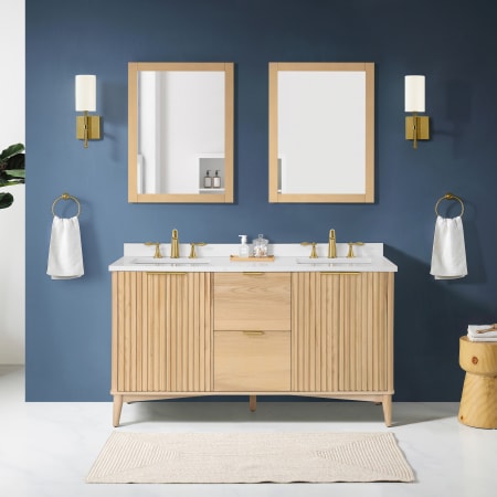Miseno Indy 60" Free Standing Double Basin Vanity Set with Cabinet and Cultured Marble Vanity Top Rustic Ash / White Engineered Marble