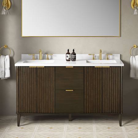 Miseno Indy 60" Free Standing Double Basin Vanity Set with Cabinet and Cultured Marble Vanity Top Dark Walnut / White Engineered Marble