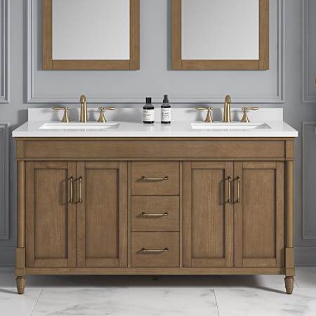 Miseno Christy 60" Free Standing Double Basin Vanity Set with Cabinet and Cultured Marble Vanity Top Almond Latte Brushed