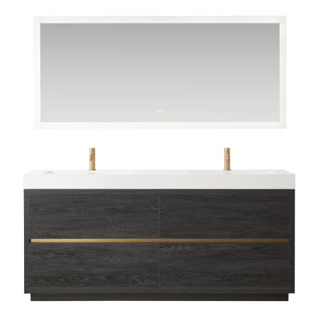 Miseno Huesca 72" Free Standing Double Basin Vanity Set with Cabinet, Composite Stone Vanity Top and Mirror North American Black Oak