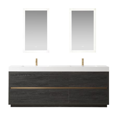 Miseno Huesca 84" Free Standing Double Basin Vanity Set with Cabinet, Composite Stone Vanity Top and Mirror North American Black Oak